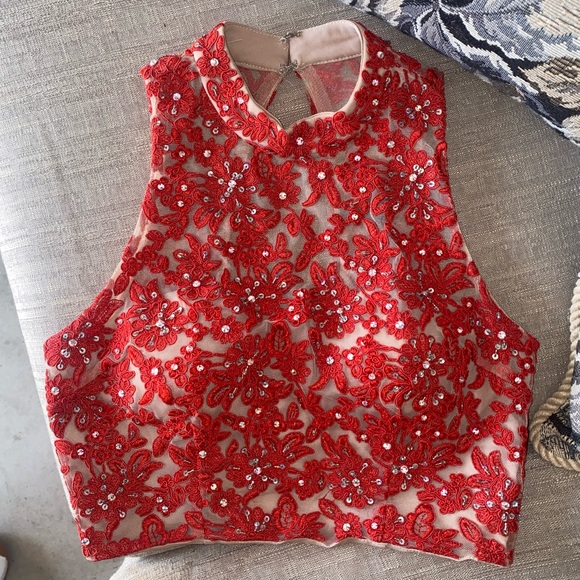 Red Beaded Two Piece Prom Dress - Picture 3 of 6